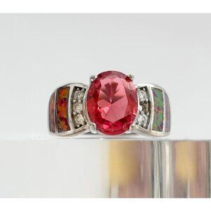 Bright Garnet & Faux Opal Modernist Sterling Silver Vintage Ring - sz 6.5